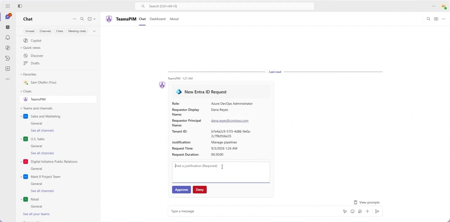 Microsoft Teams with the TeamsPIM chat open: a New Entra ID Request card for the Azure DevOps Administrator role, showing the requestor, justification, request time and duration, a required justification box, and Approve and Deny buttons.