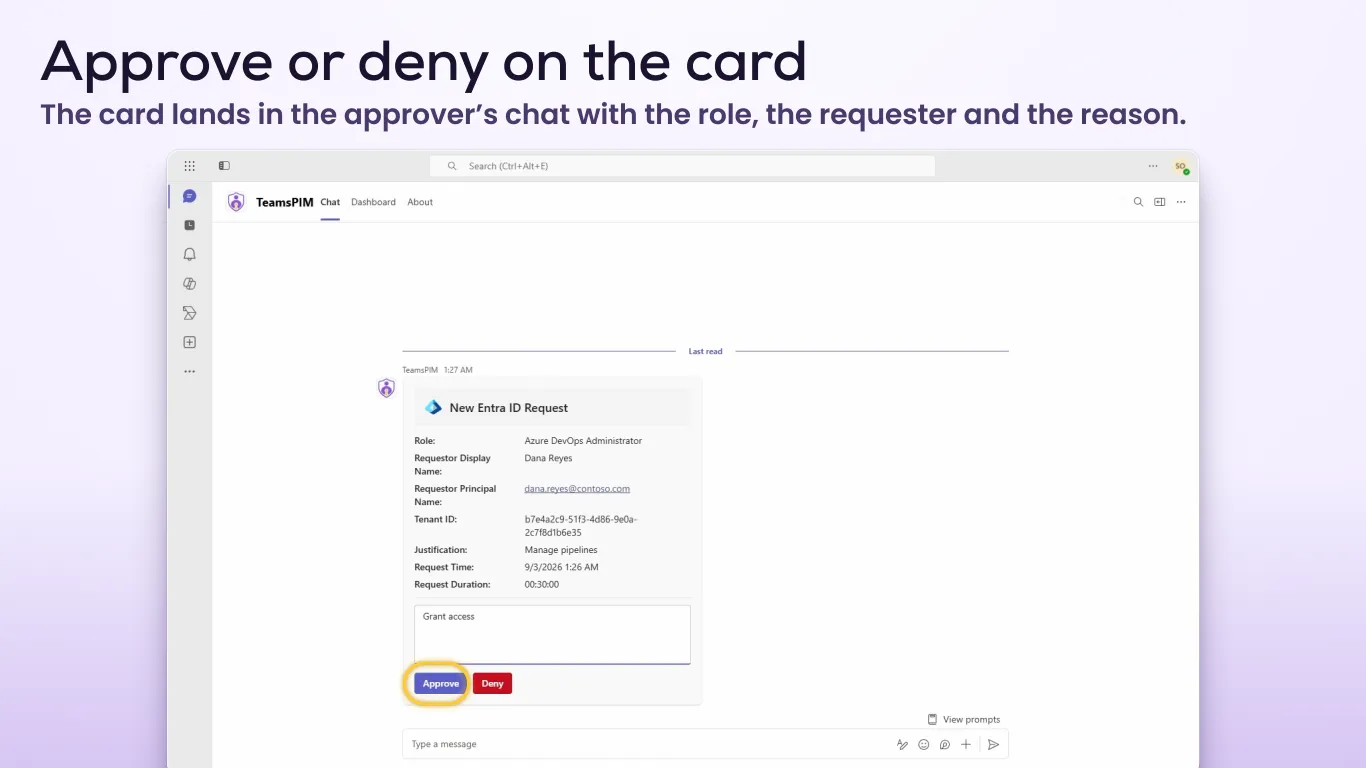 Approve or deny on the card: a New Entra ID Request card in the approver’s TeamsPIM chat with the role, requester and reason, a justification entered and the Approve button highlighted. Sample data.