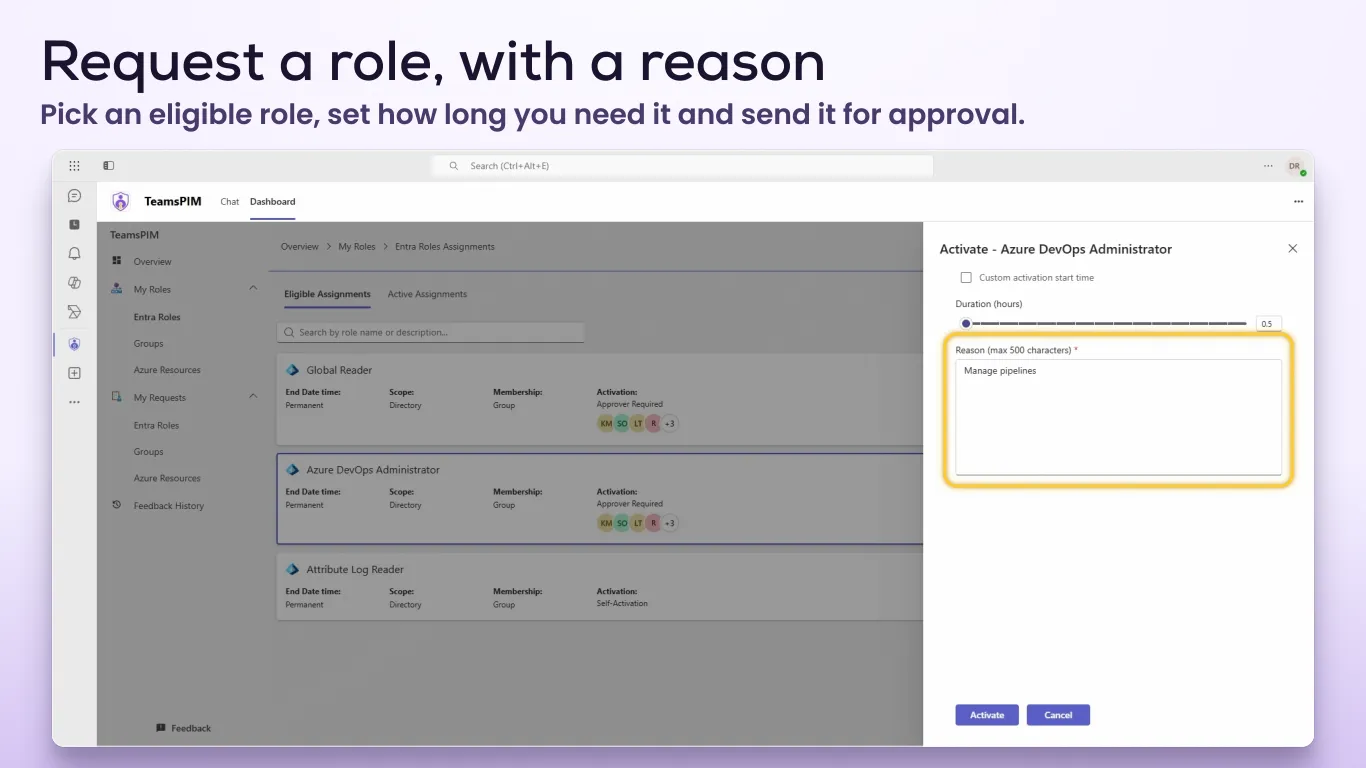 Request a role, with a reason: the TeamsPIM Dashboard in Teams with the Activate drawer for Azure DevOps Administrator open and the Reason box highlighted. Sample data.